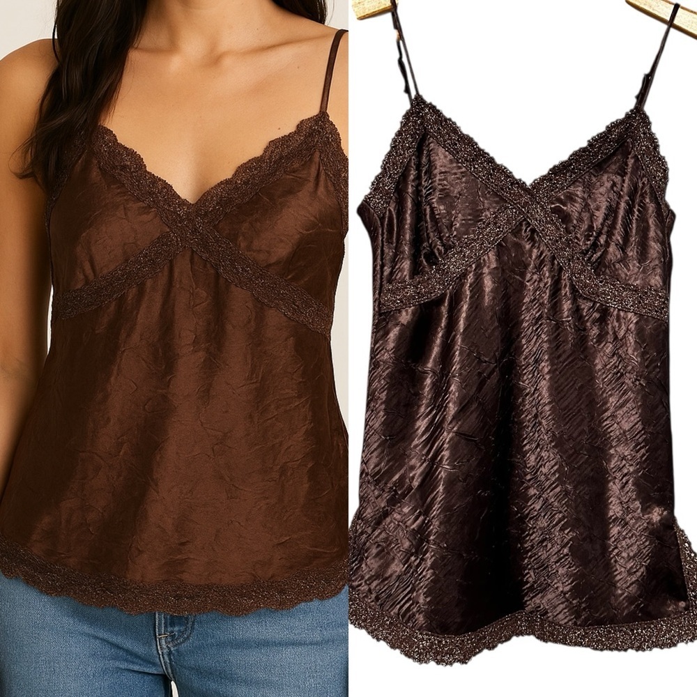 Y2K Brown Satin Lace Trim Cami Tank Top Small Vintage 90s/2000s Lingerie Style